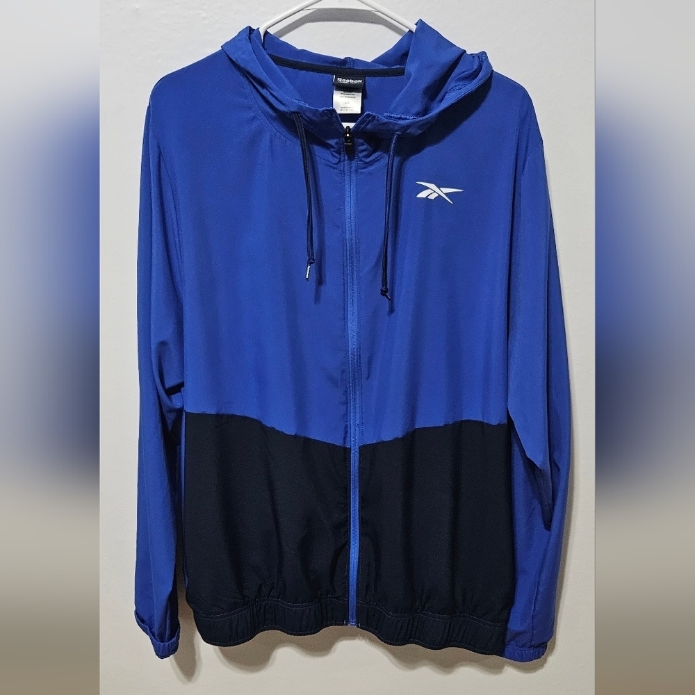 Reebok Lightweight Blue Navy Colorblock Hooded Windbreaker Large Athletic B13